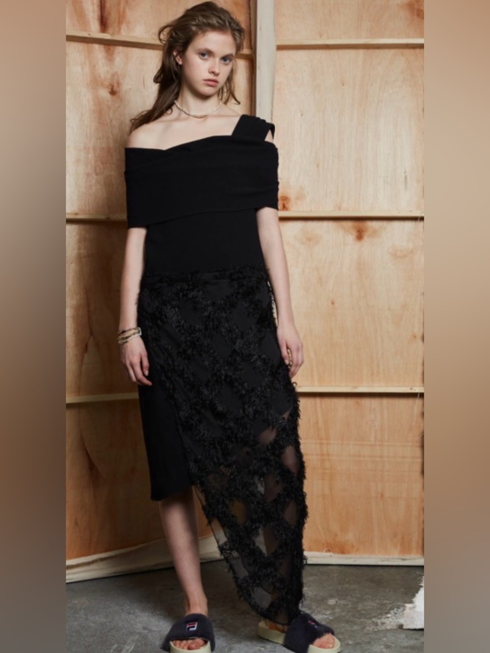 Baja East Black Asymmetrical Lace-Overlay Skirt
